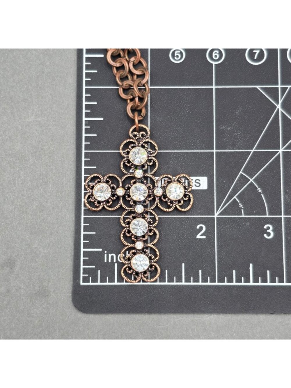 Etruscan Revival Copper Plated Stainless Steel Cross Pendant Necklace Rhinestone - Picture 3 of 9